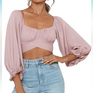 Women's Off The Shoulder Long Sleeve Self Tie Knot Crop Top- Size Small